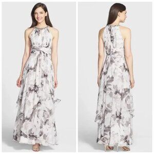 Eliza J  Women's Grey Embellished Print Chiffon Maxi Dress Size 10